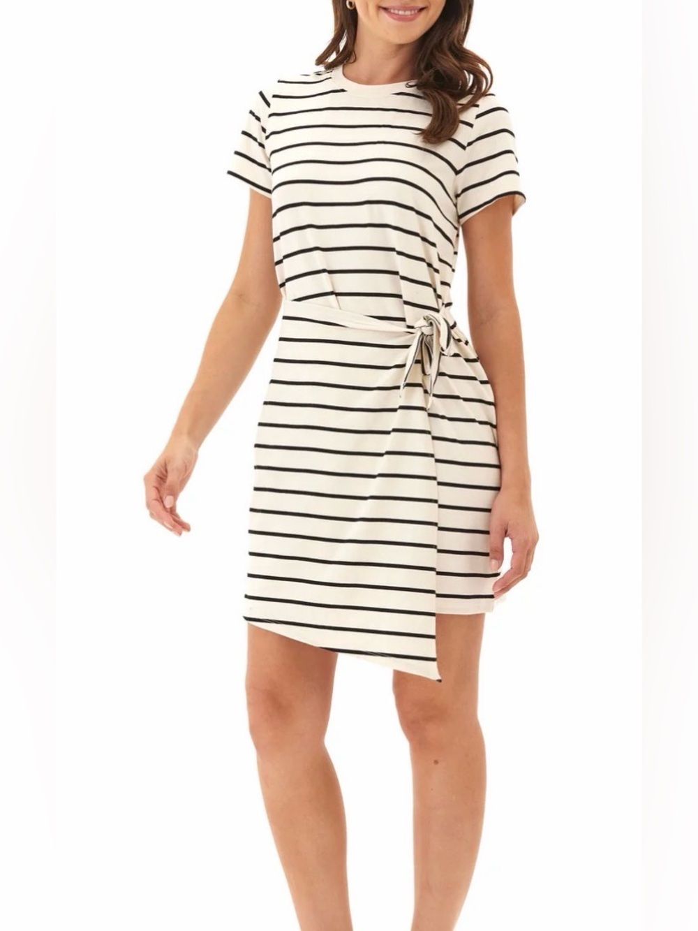 Threads 4 Thought Cream and Black Striped Tie-Waist Mini Dress